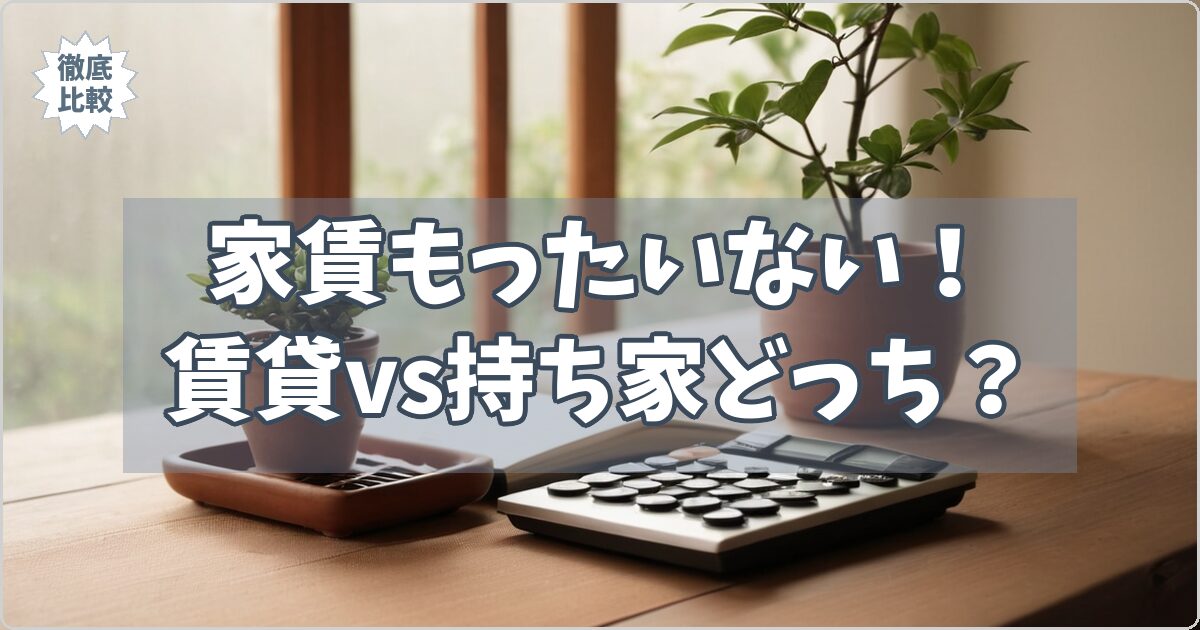 「家賃もったいない！賃貸vs持ち家どっち？」と書かれたOGP画像。徹底比較バッジ付き、同棲・新婚向け家賃検証記事のサムネイル