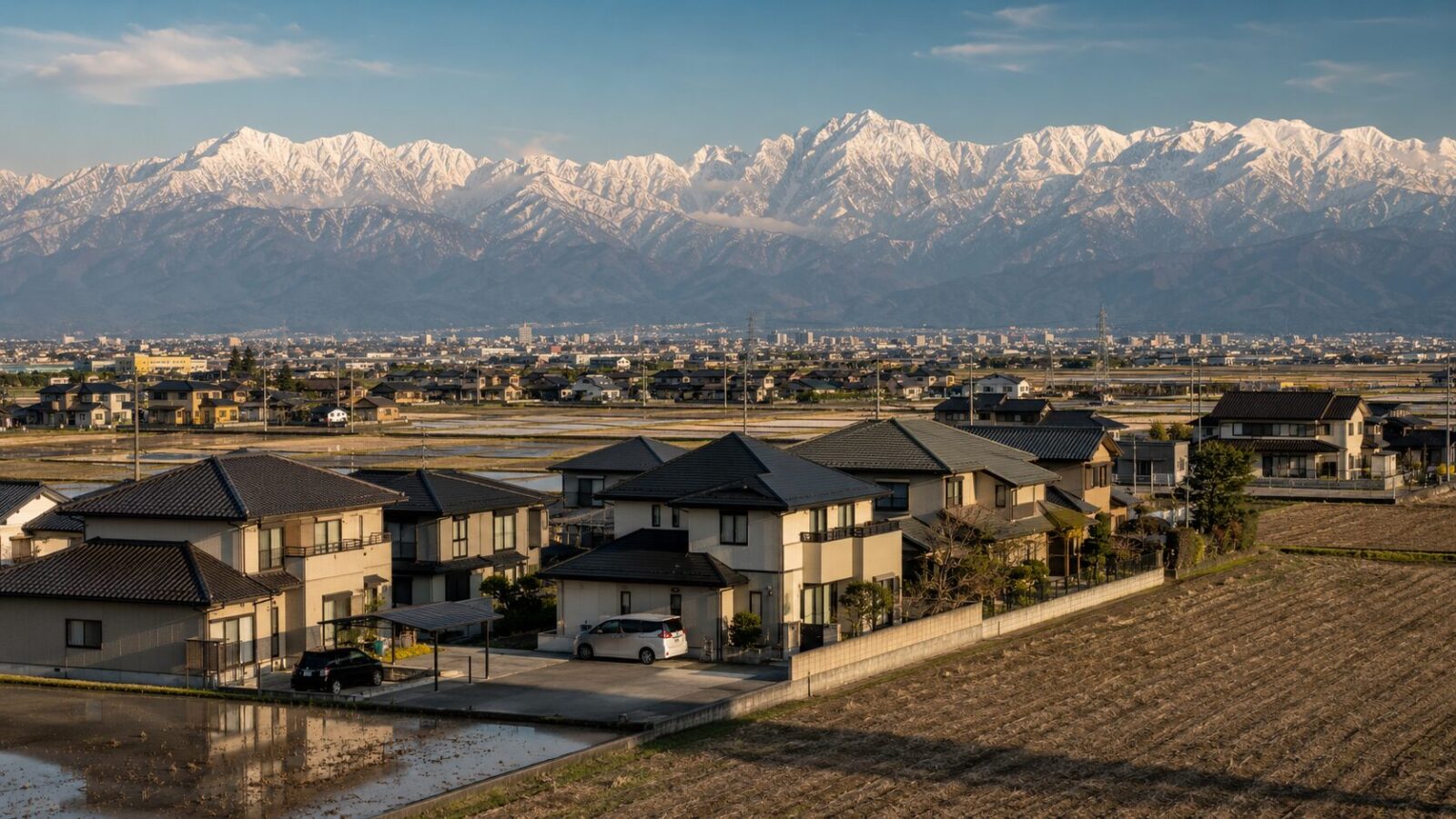 立山連峰を望む富山の住宅街