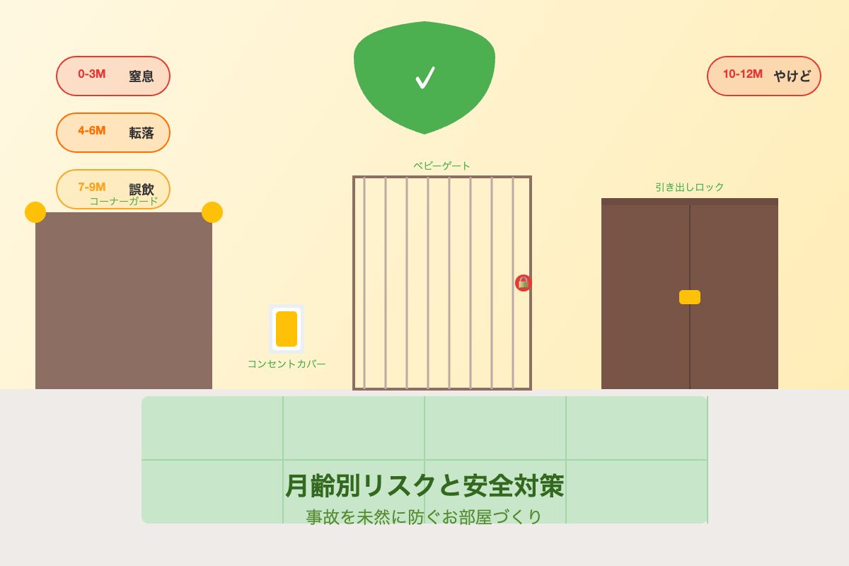 赤ちゃんの事故予防のための安全対策が施された部屋のイラスト