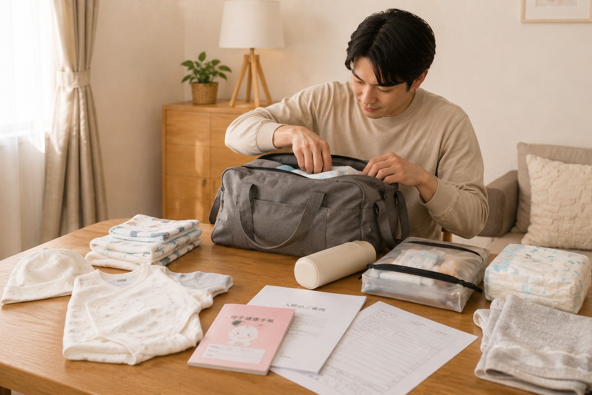入院準備をするパパ|入院バッグに赤ちゃん用品を詰めている様子