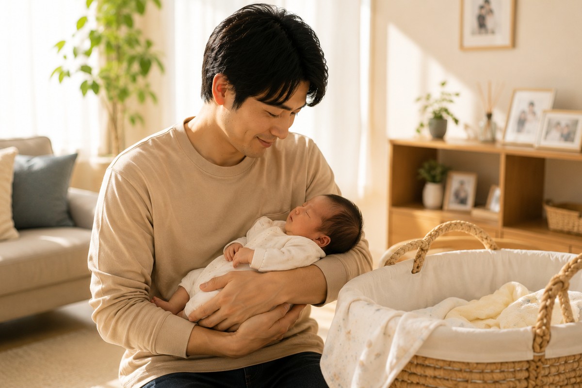 パパが新生児を抱っこ|リビングでバシネットの横で赤ちゃんを見つめる父親