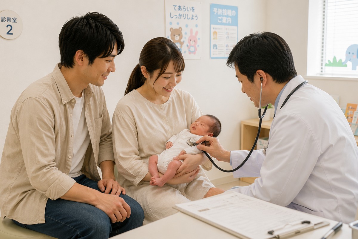 小児科での健診|夫婦と赤ちゃんが医師の診察を受けている様子